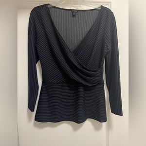 Ann Taylor Women’s Blue with White Strip Form Fitted Wrap 3/4 sleeve length Top